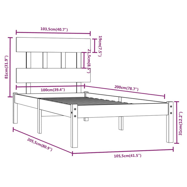Massivholzbett Schwarz 100x200 cm