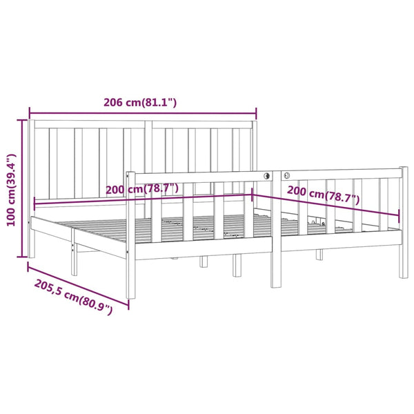 vidaXL Lit en bois massif gris 200x200 cm