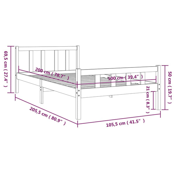 Graues Massivholzbett 100x200 cm