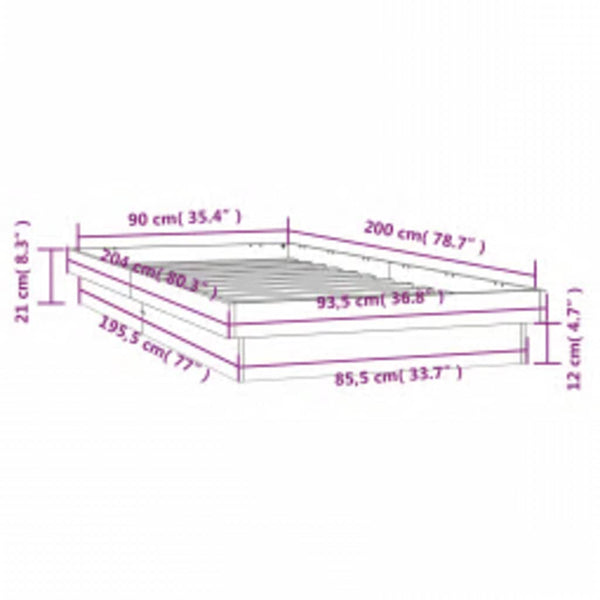 Massivholzbett mit LED Weiß 90x200 cm