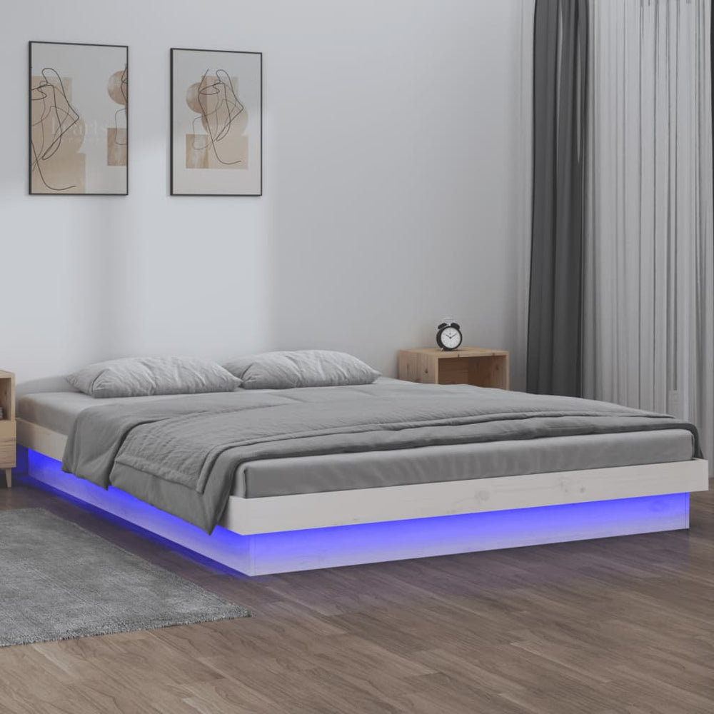Massivholzbett mit LED Weiß 180x200 cm
