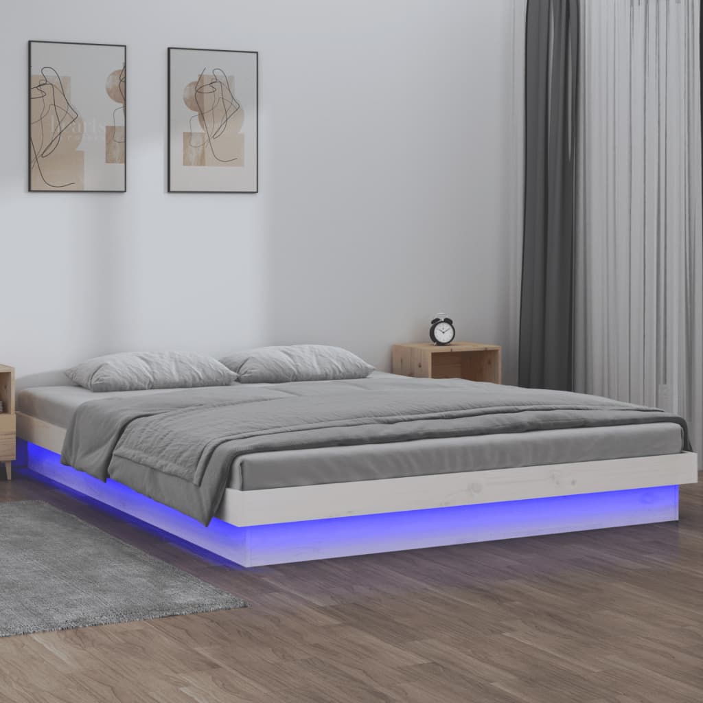 Massivholzbett mit LEDs Weiß 135x190