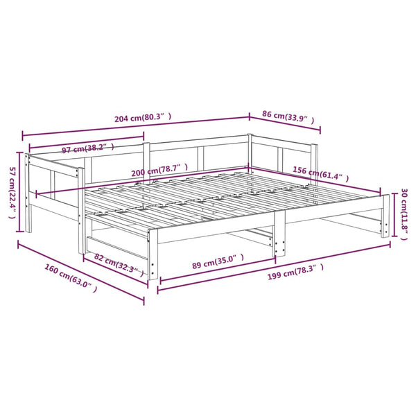 Ausziehbares Tagesbett Schwarz Kiefer 80x200 cm