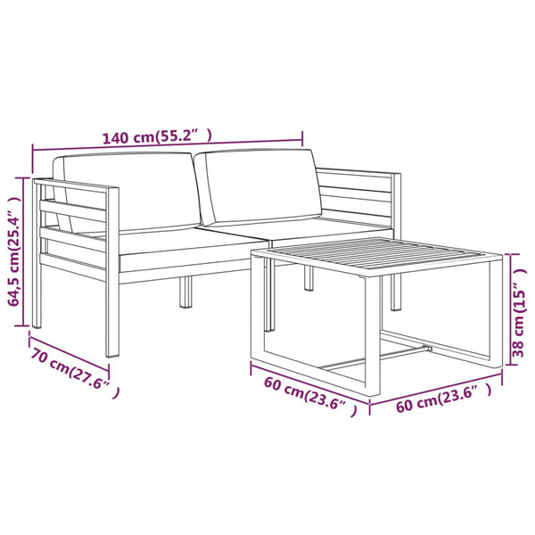 3-tlg. Garten-Lounge-Set mit Kissen Aluminium Anthrazit