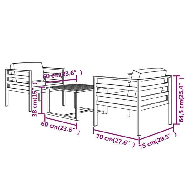 3-tlg. Garten-Lounge-Set mit Kissen Aluminium Anthrazit