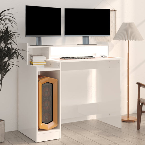 LED Schreibtisch Weiß Hochglanz 97cm