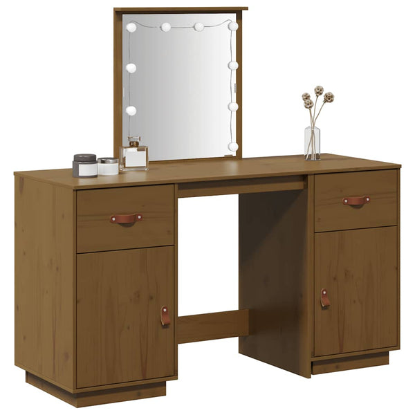 Schminktisch-Set mit LED Honigbraun Massivholz Kiefer