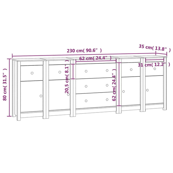 Sideboard Weiß 230x35x80 cm Massivholz Kiefer