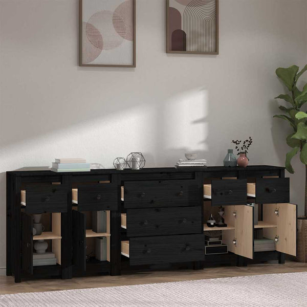 Sideboard Schwarz 230x35x80 cm Massivholz Kiefer