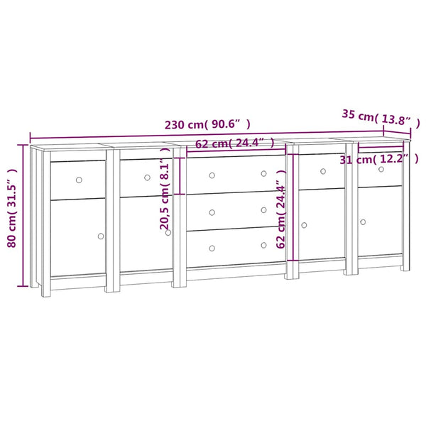 Sideboard Schwarz 230x35x80 cm Massivholz Kiefer