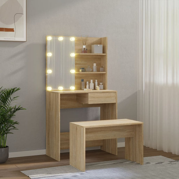 Schminktisch-Set mit LED Sonoma-Eiche Holzwerkstoff
