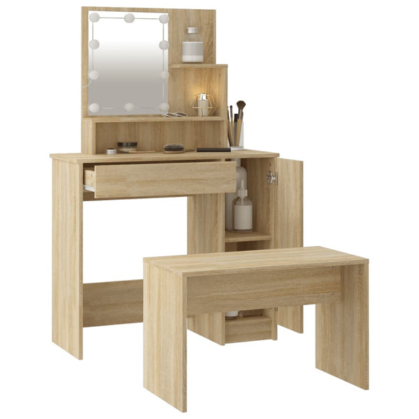 Schminktisch-Set mit LED Sonoma-Eiche Holzwerkstoff