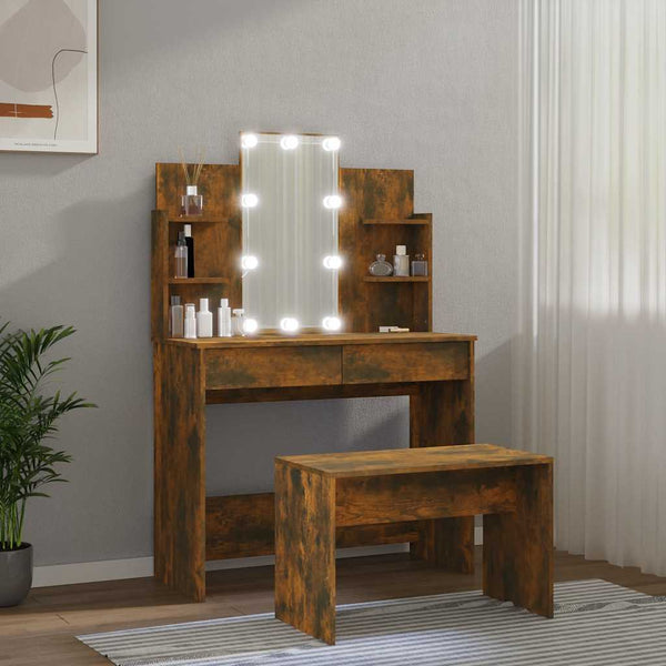 Schminktisch-Set mit LED Räuchereiche Holzwerkstoff