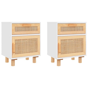 Nachttische 2er Set Weiß Kiefer Massivholz Rattan