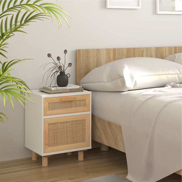 Nachttische 2er Set Weiß Kiefer Massivholz Rattan