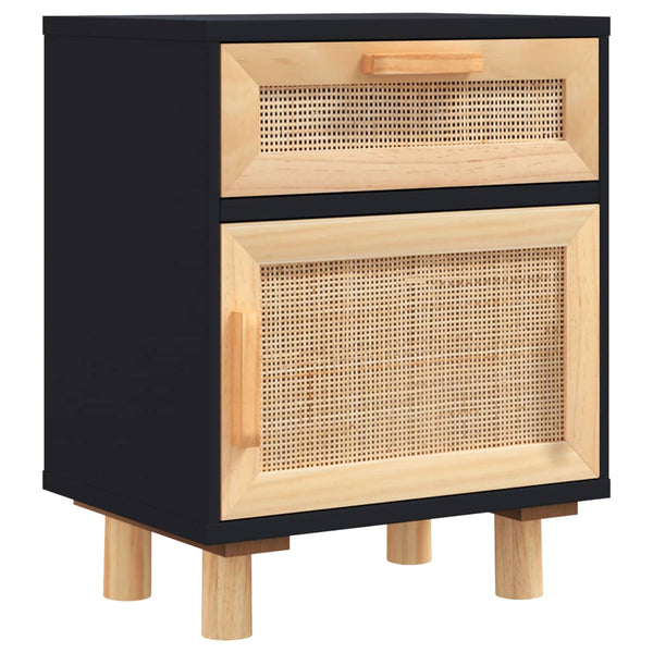 Schwarzer Nachttisch Kiefer Massivholz & Rattan