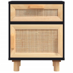 Schwarzer Nachttisch Kiefer Massivholz & Rattan