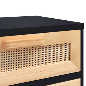 Schwarzer Nachttisch Kiefer Massivholz & Rattan