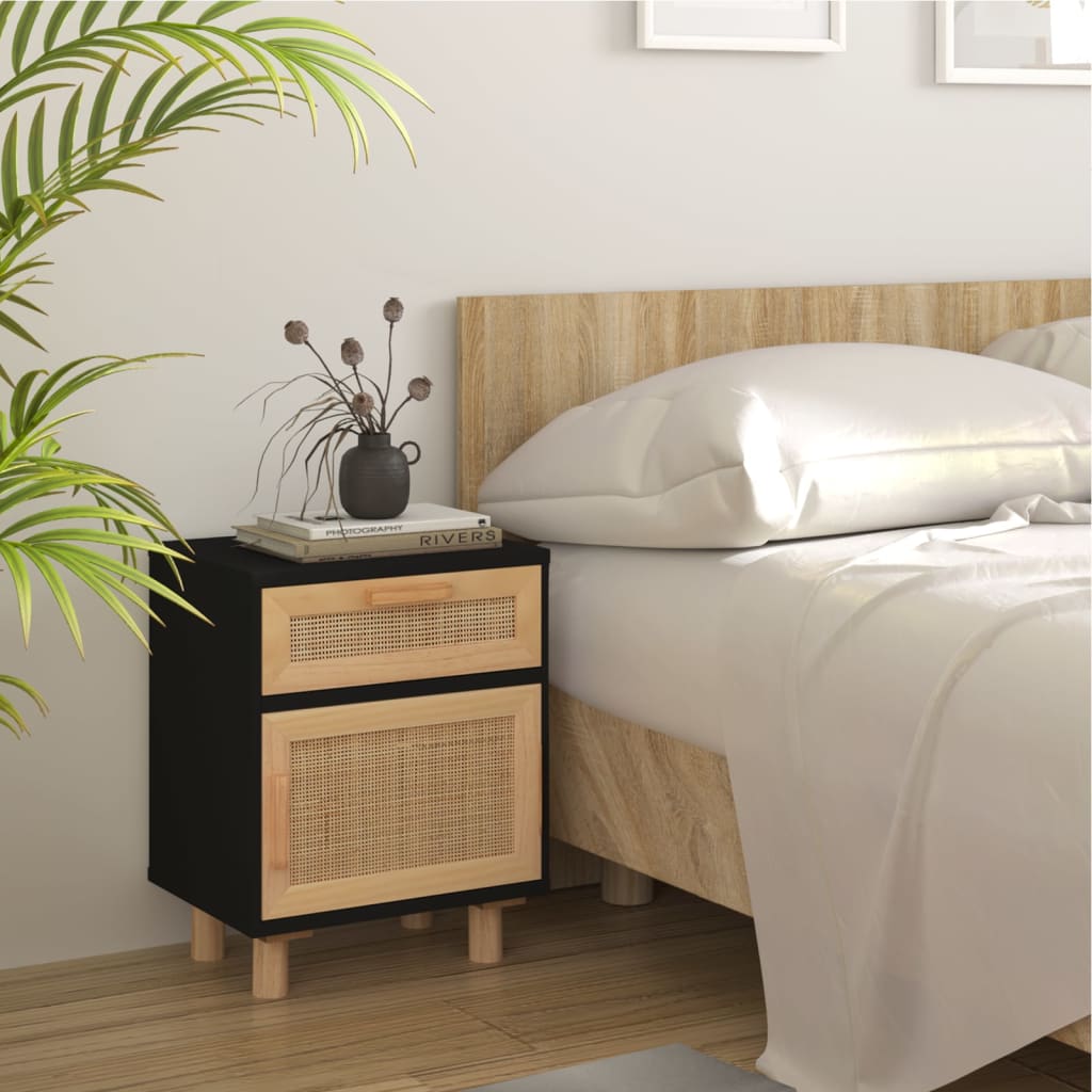 Schwarzer Nachttisch Kiefer Massivholz & Rattan