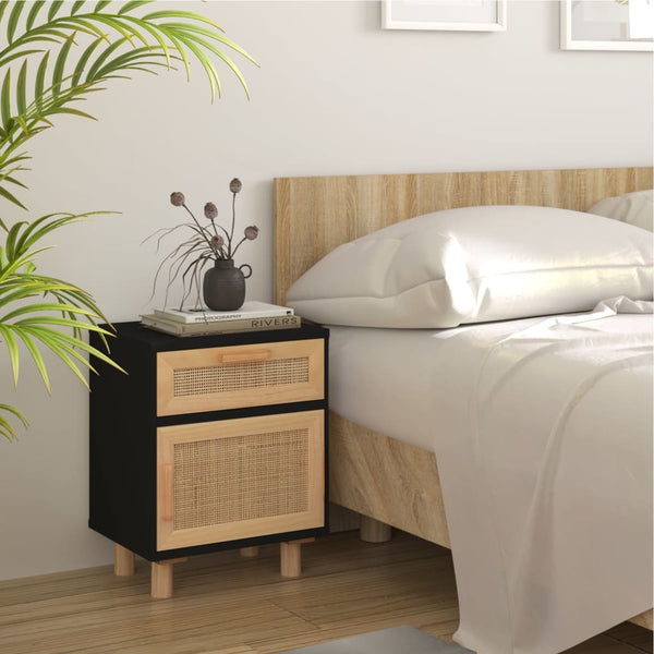 Schwarzer Nachttisch Kiefer Massivholz & Rattan