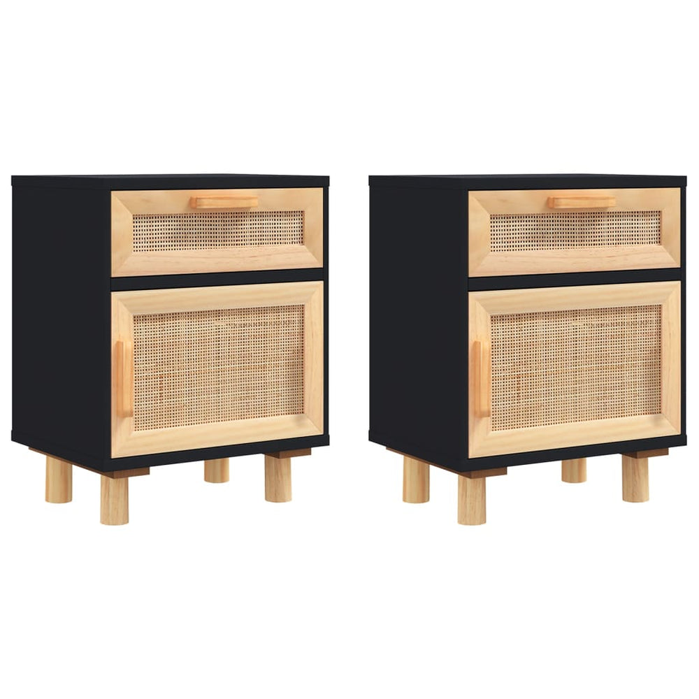 vidaXL Nightstands 2 pcs. Black Solid Pine Wood and Natural Rattan
