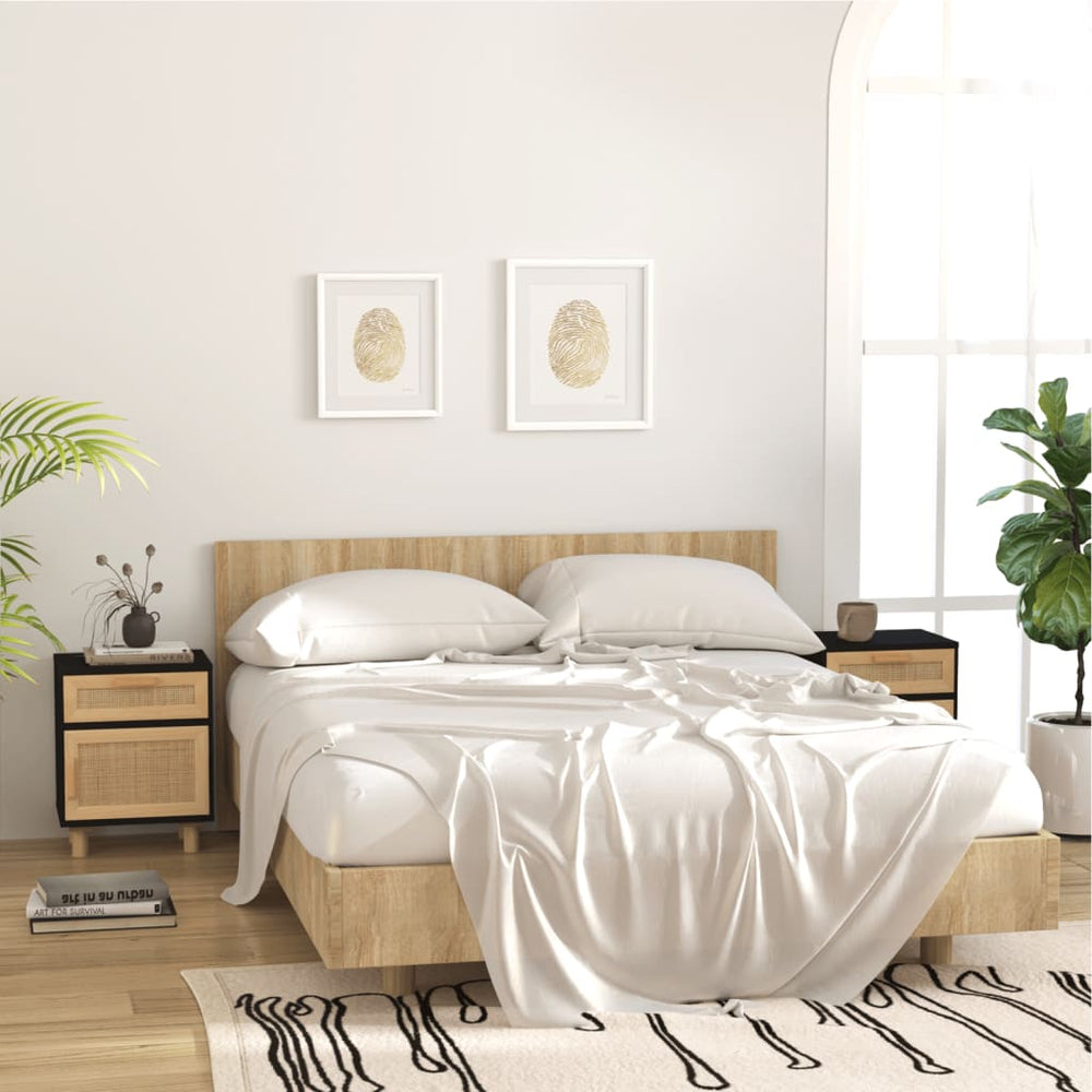 vidaXL Nightstands 2 pcs. Black Solid Pine Wood and Natural Rattan