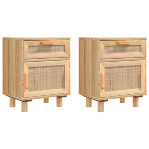 Nachttische 2er Set Kiefer Massivholz Rattan Braun