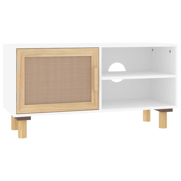 vidaXL Meuble TV blanc 80x30x40 cm Pin massif et rotin naturel