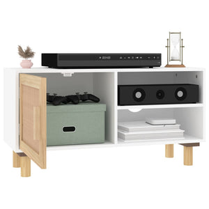 vidaXL Meuble TV blanc 80x30x40 cm Pin massif et rotin naturel