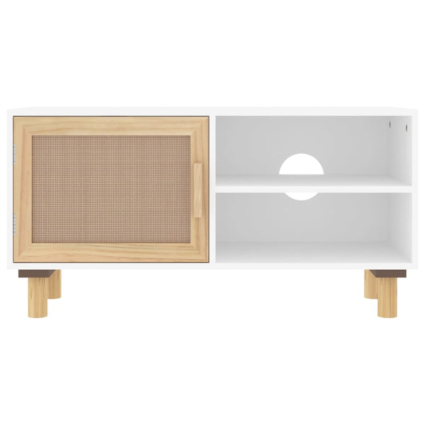 vidaXL Meuble TV blanc 80x30x40 cm Pin massif et rotin naturel