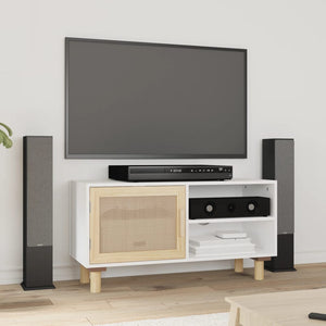 vidaXL Meuble TV blanc 80x30x40 cm Pin massif et rotin naturel