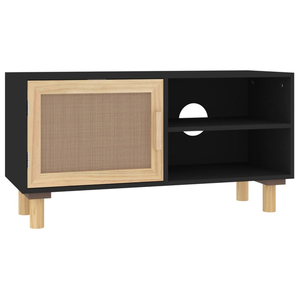 Schwarzer TV-Schrank 80 cm Kiefer Massivholz Rattan