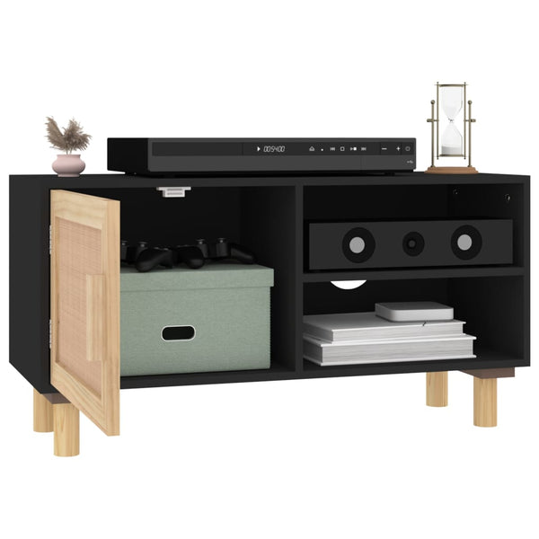Schwarzer TV-Schrank 80 cm Kiefer Massivholz Rattan