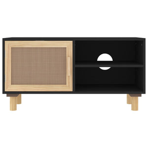 Schwarzer TV-Schrank 80 cm Kiefer Massivholz Rattan