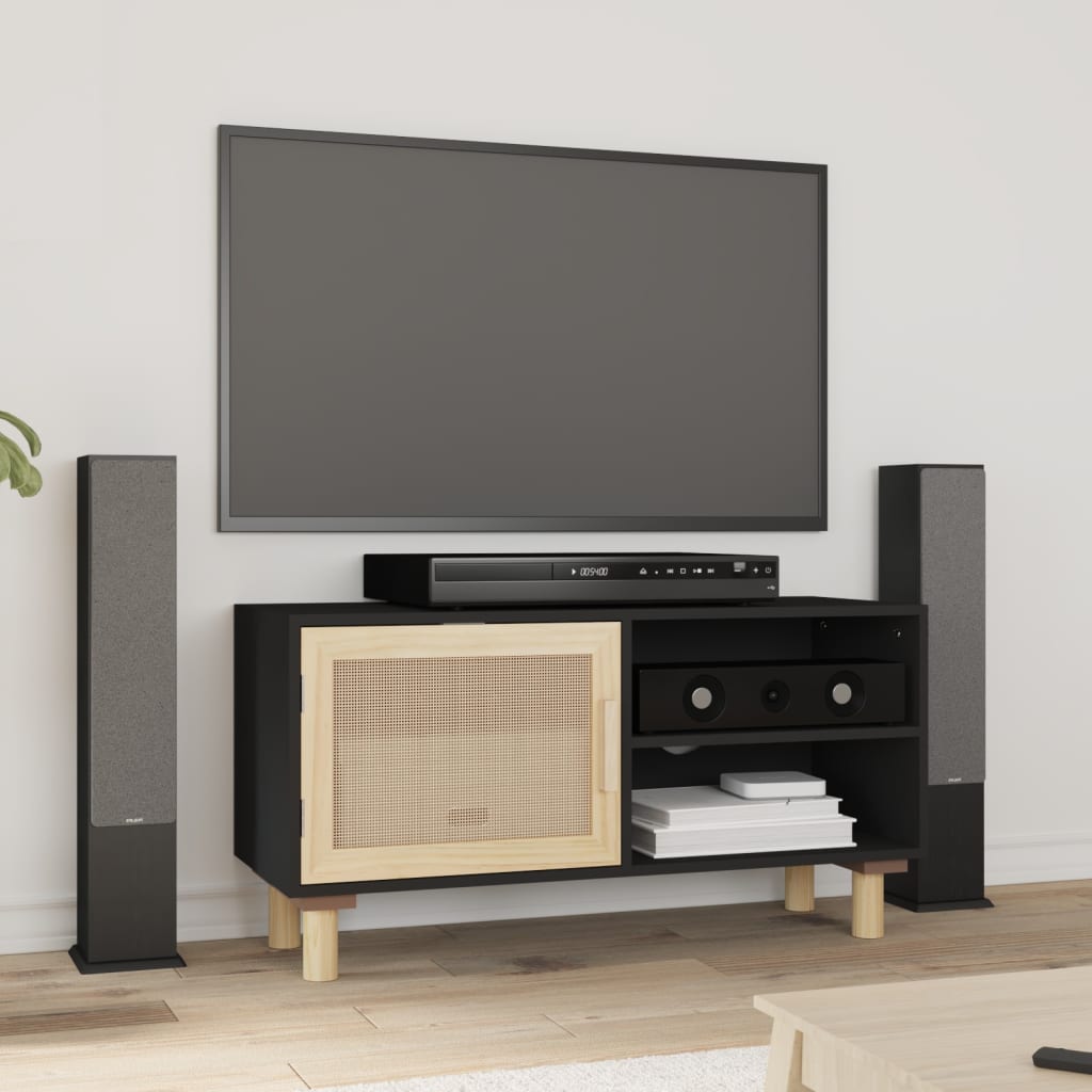 Schwarzer TV-Schrank 80 cm Kiefer Massivholz Rattan