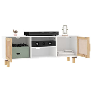 Weißer TV-Schrank 105cm Kiefer Massivholz Natur Rattan
