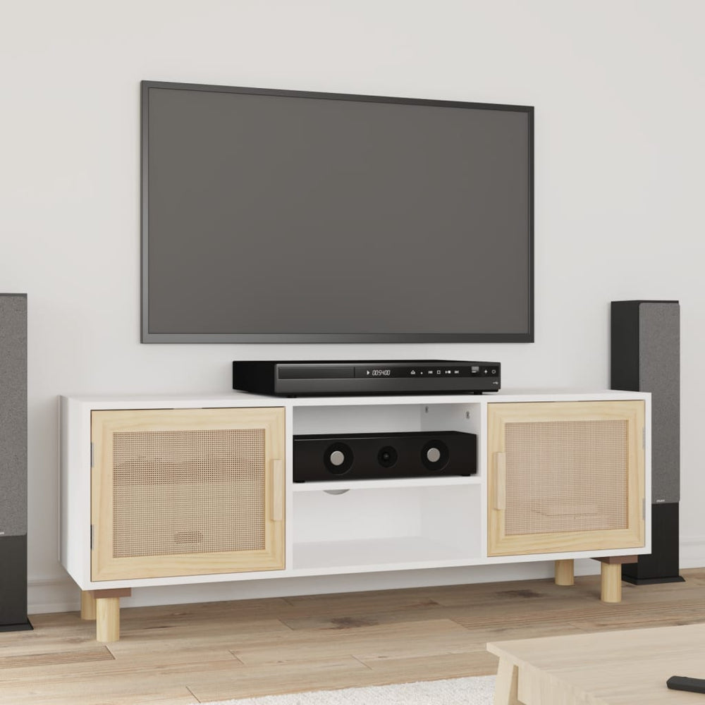 Weißer TV-Schrank 105cm Kiefer Massivholz Natur Rattan