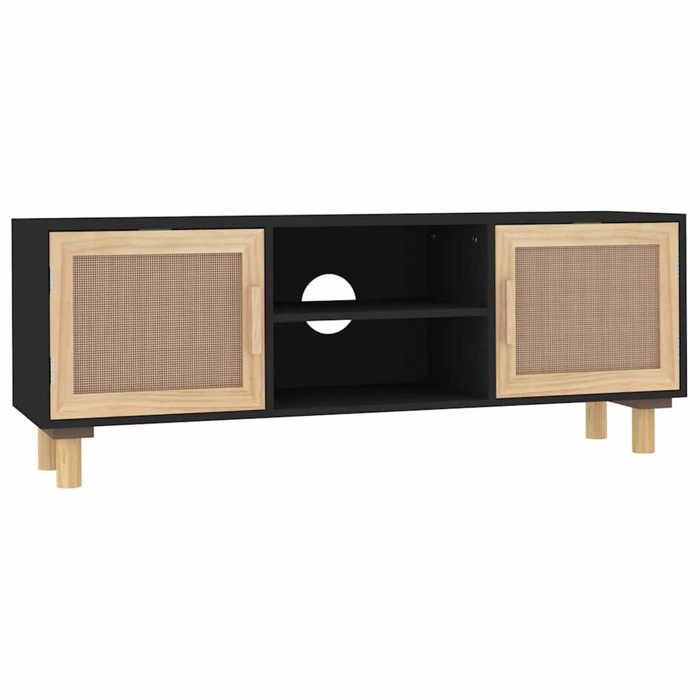 Schwarzer TV-Schrank 105 cm Kiefer Massivholz Rattan