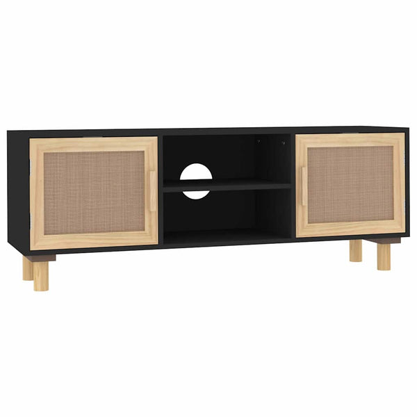 Schwarzer TV-Schrank 105 cm Kiefer Massivholz Rattan