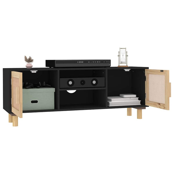 Schwarzer TV-Schrank 105 cm Kiefer Massivholz Rattan