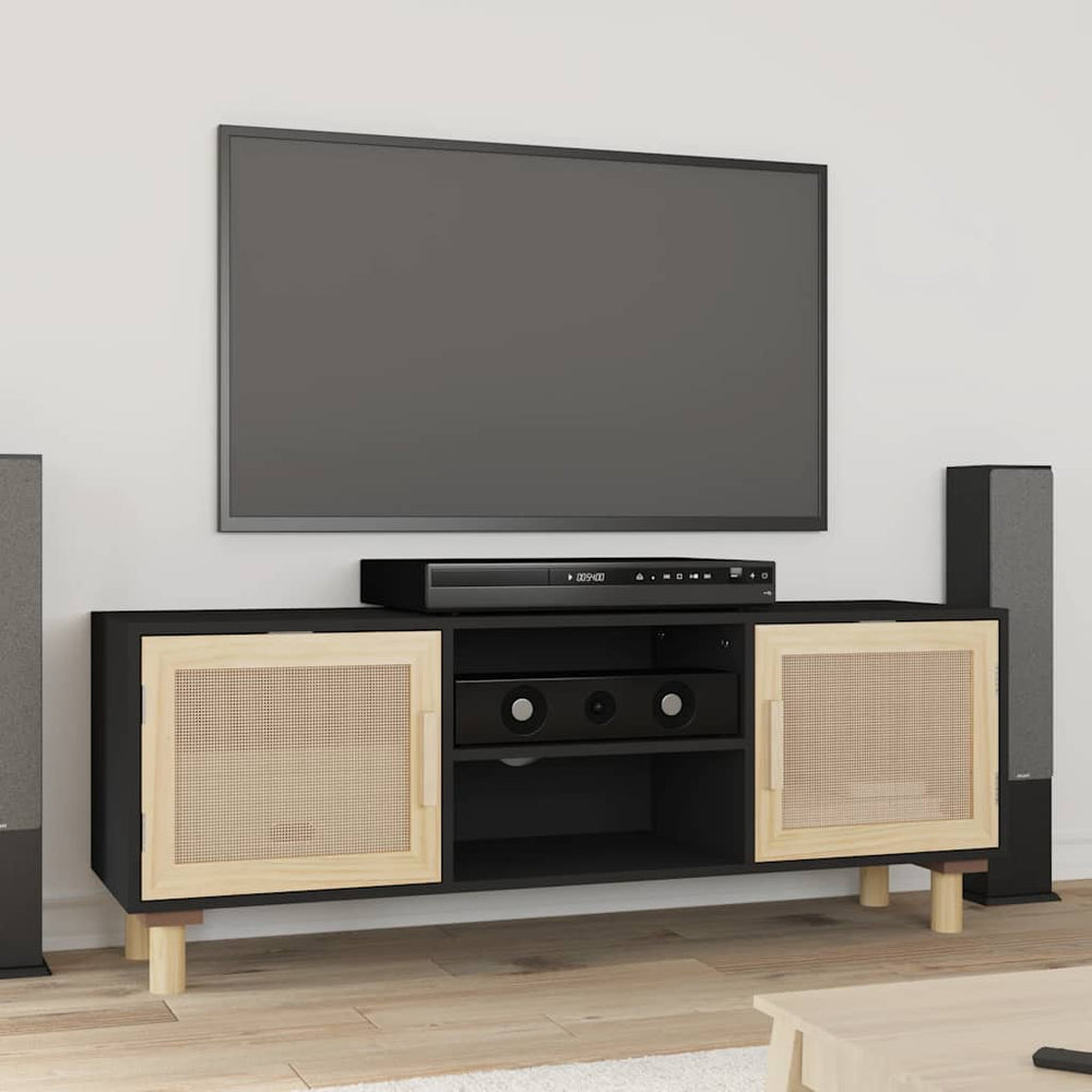 Schwarzer TV-Schrank 105 cm Kiefer Massivholz Rattan