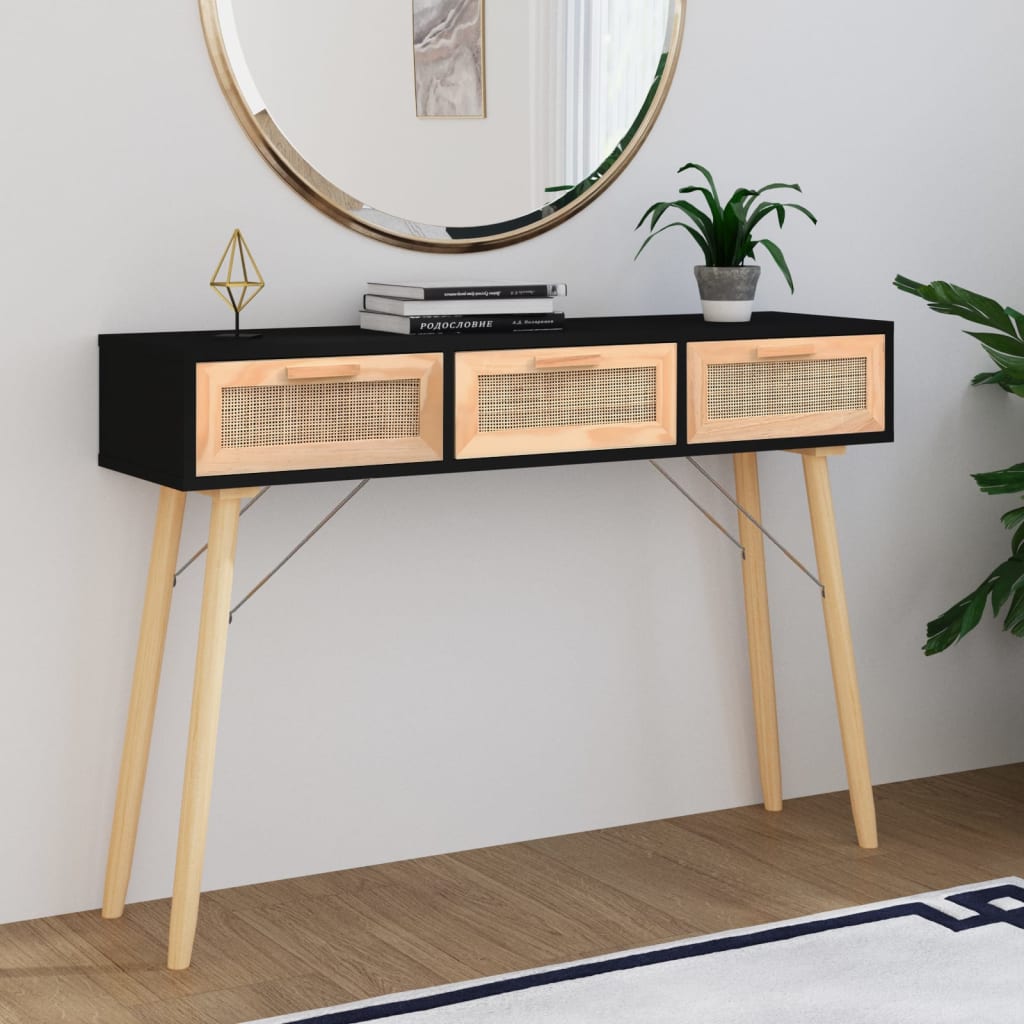 Schwarzer Konsolentisch 105cm Massivholz Rattan