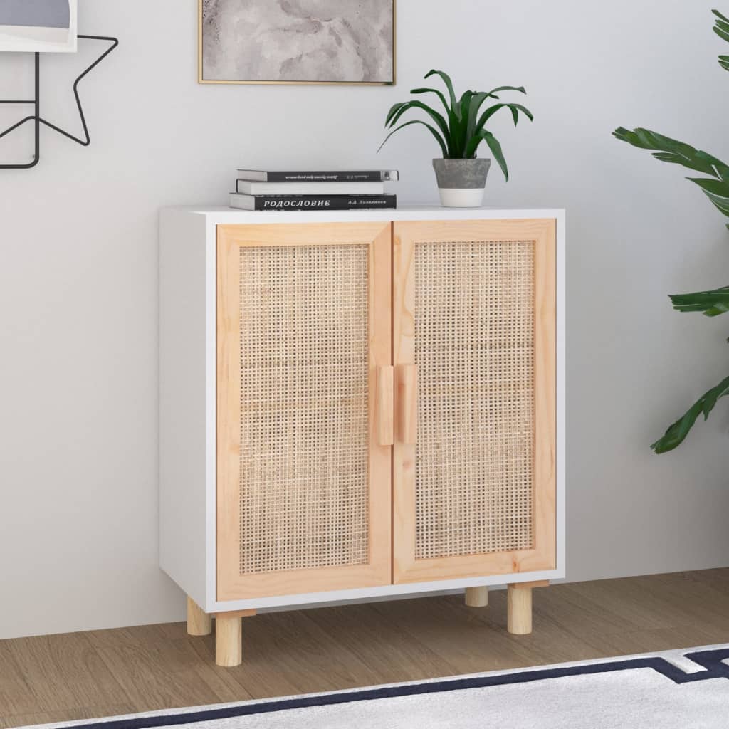 Sideboard Weiß Kiefer Massivholz & Rattan 60x70 cm