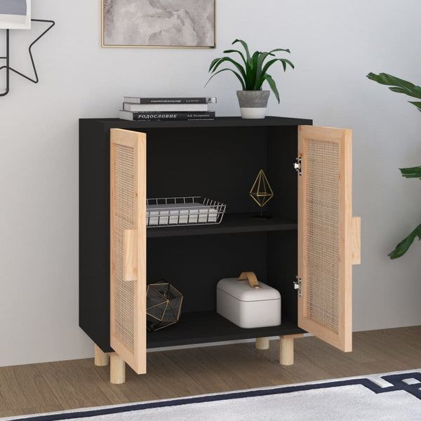 Schwarzes Sideboard 60cm Kiefer Massivholz & Rattan