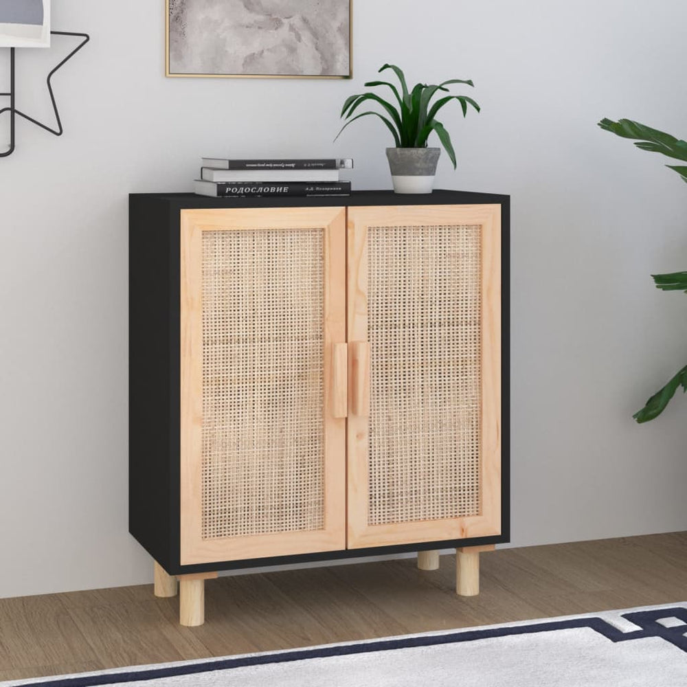vidaXL Sideboard Black 60x30x70cm Solid Pine Wood and Natural Rattan