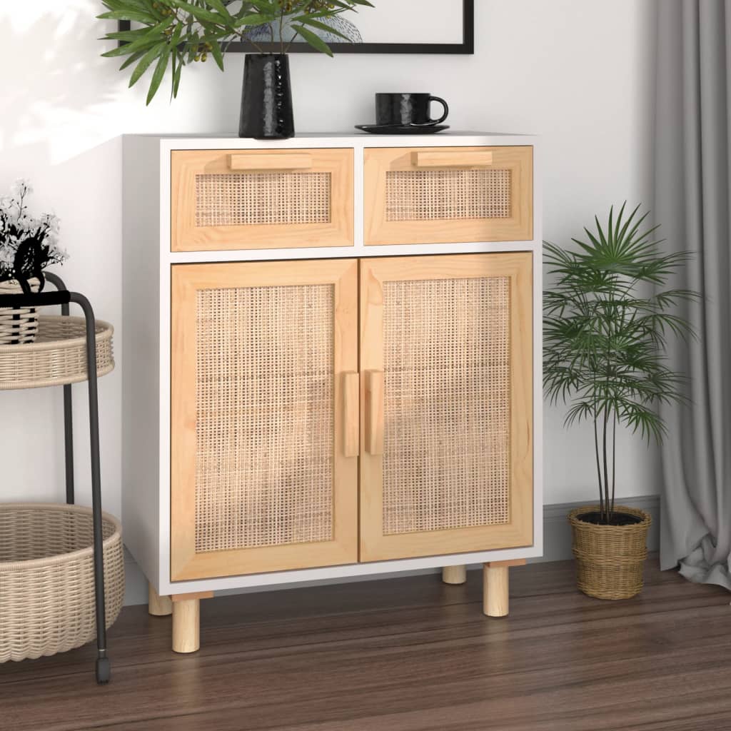 Weißes Sideboard 60 cm Massivholz Kiefer & Rattan