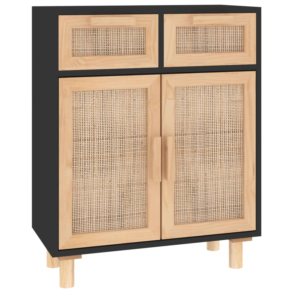 vidaXL Sideboard Black 60x30x75cm Solid Pine Wood and Natural Rattan