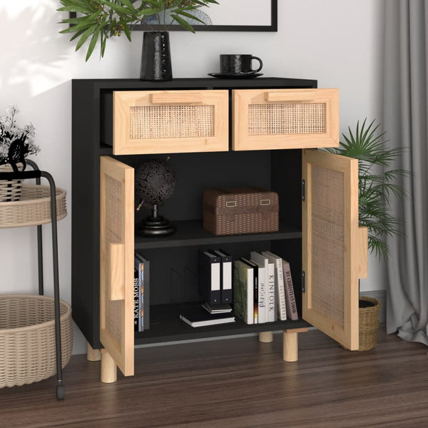 Schwarzes Sideboard 60cm Massivholz & Rattan
