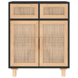 Schwarzes Sideboard 60cm Massivholz & Rattan