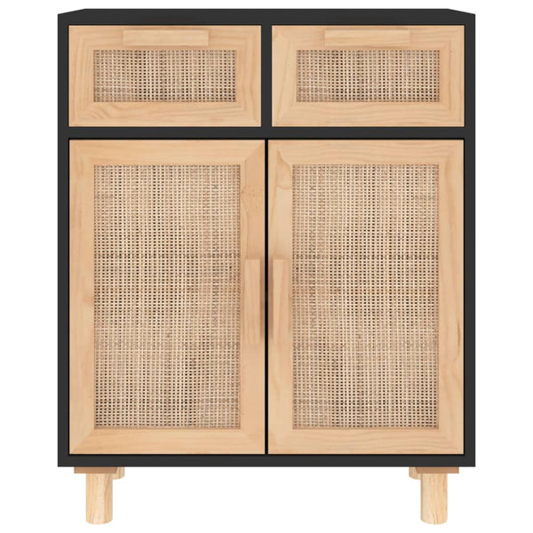 Schwarzes Sideboard 60cm Massivholz & Rattan